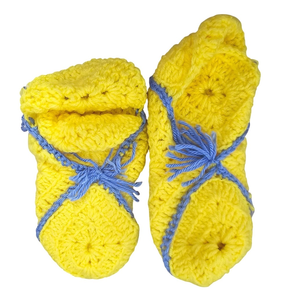 Handmade‎ Crochet Slippers Yellow Blue Knit Booties Granny Square Loungewear